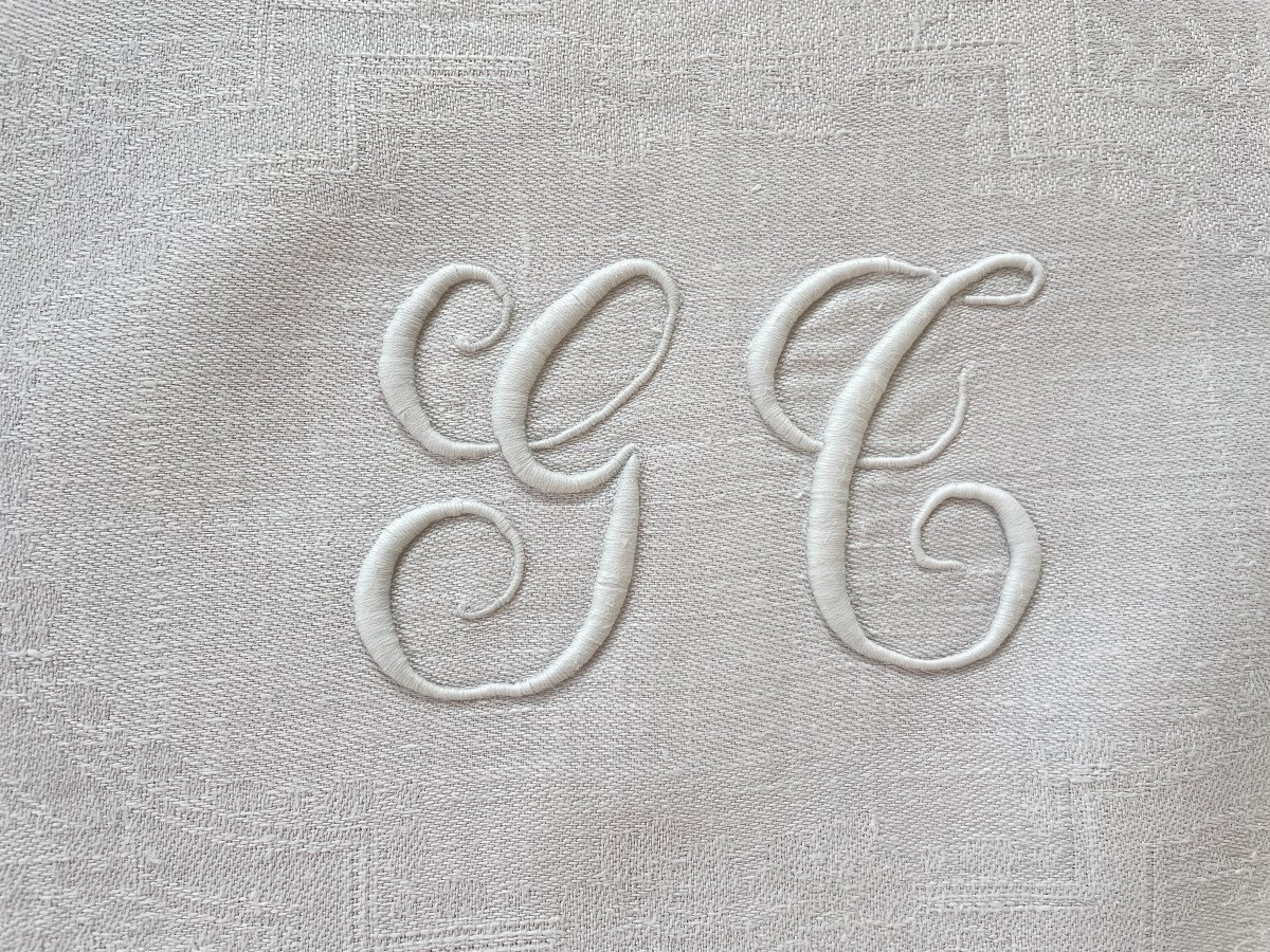 Rare Linen Damask Tablecloth With Hand Embroidery Branches, Monogram Gb - Antique Linen-photo-3