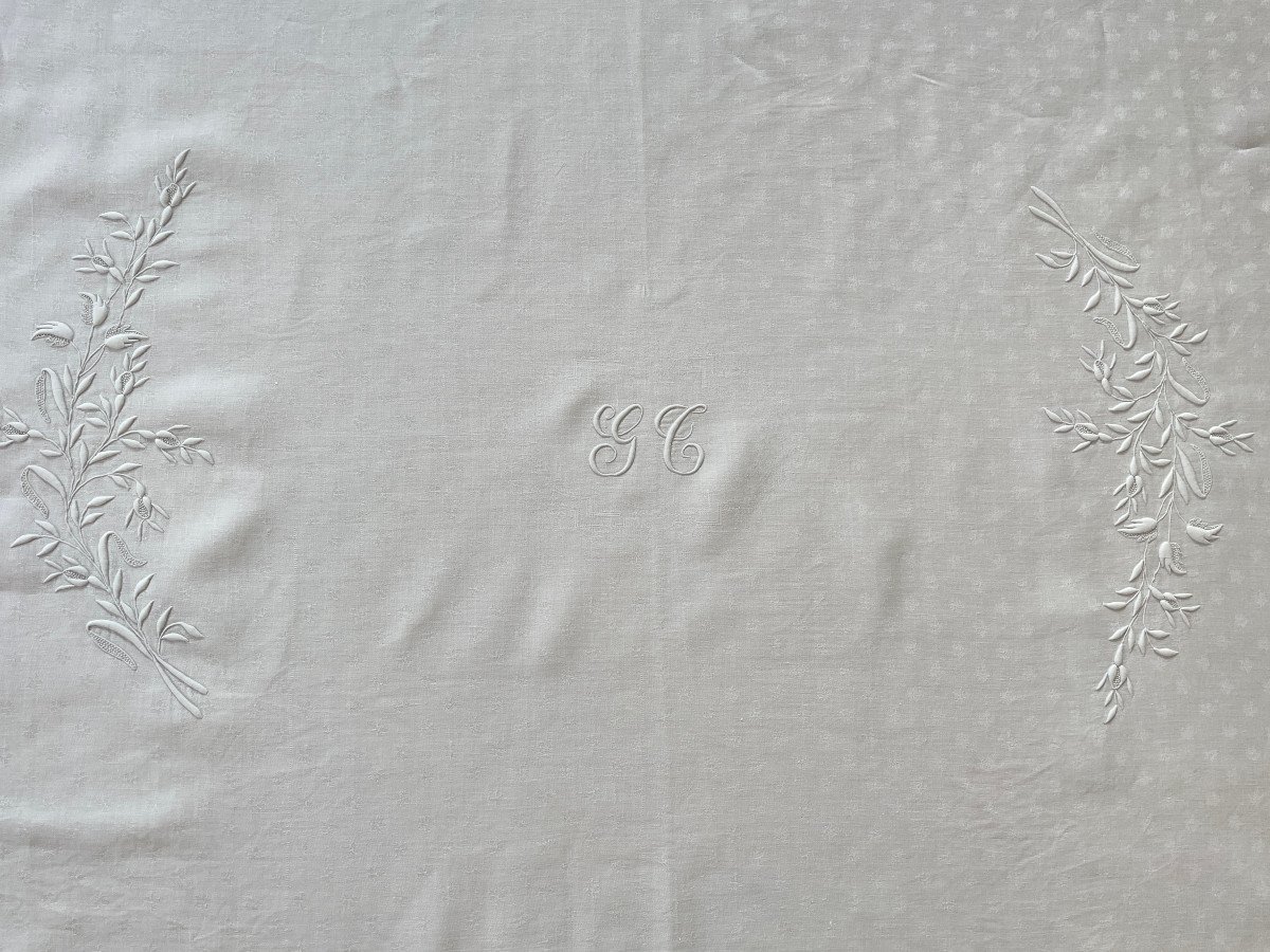 Rare Nappe En Damassé De Lin Avec Broderies Main Branchages, Monogramme Gb- Linge Ancien-photo-1