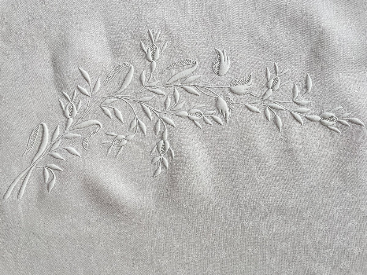 Rare Nappe En Damassé De Lin Avec Broderies Main Branchages, Monogramme Gb- Linge Ancien-photo-3