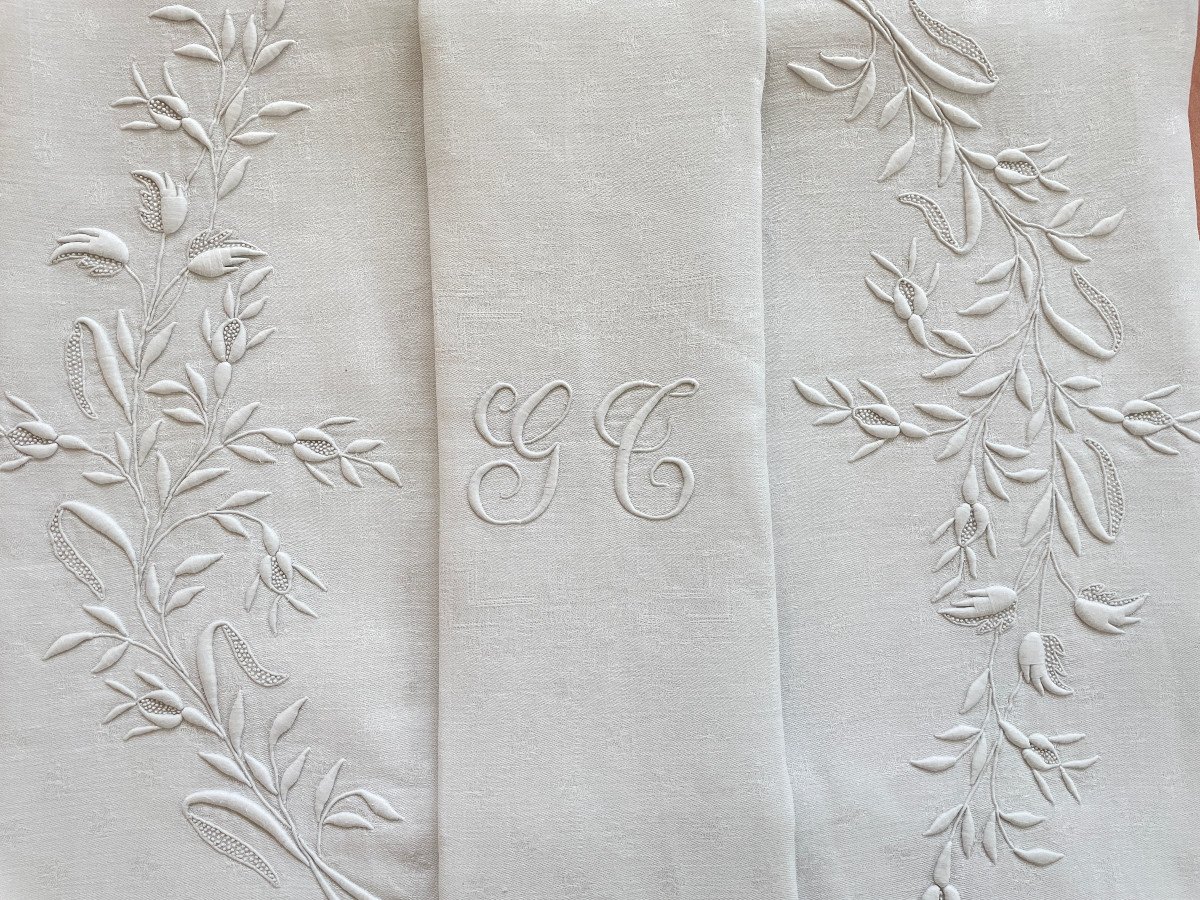 Rare Linen Damask Tablecloth With Hand Embroidery Branches, Monogram Gb - Antique Linen-photo-5