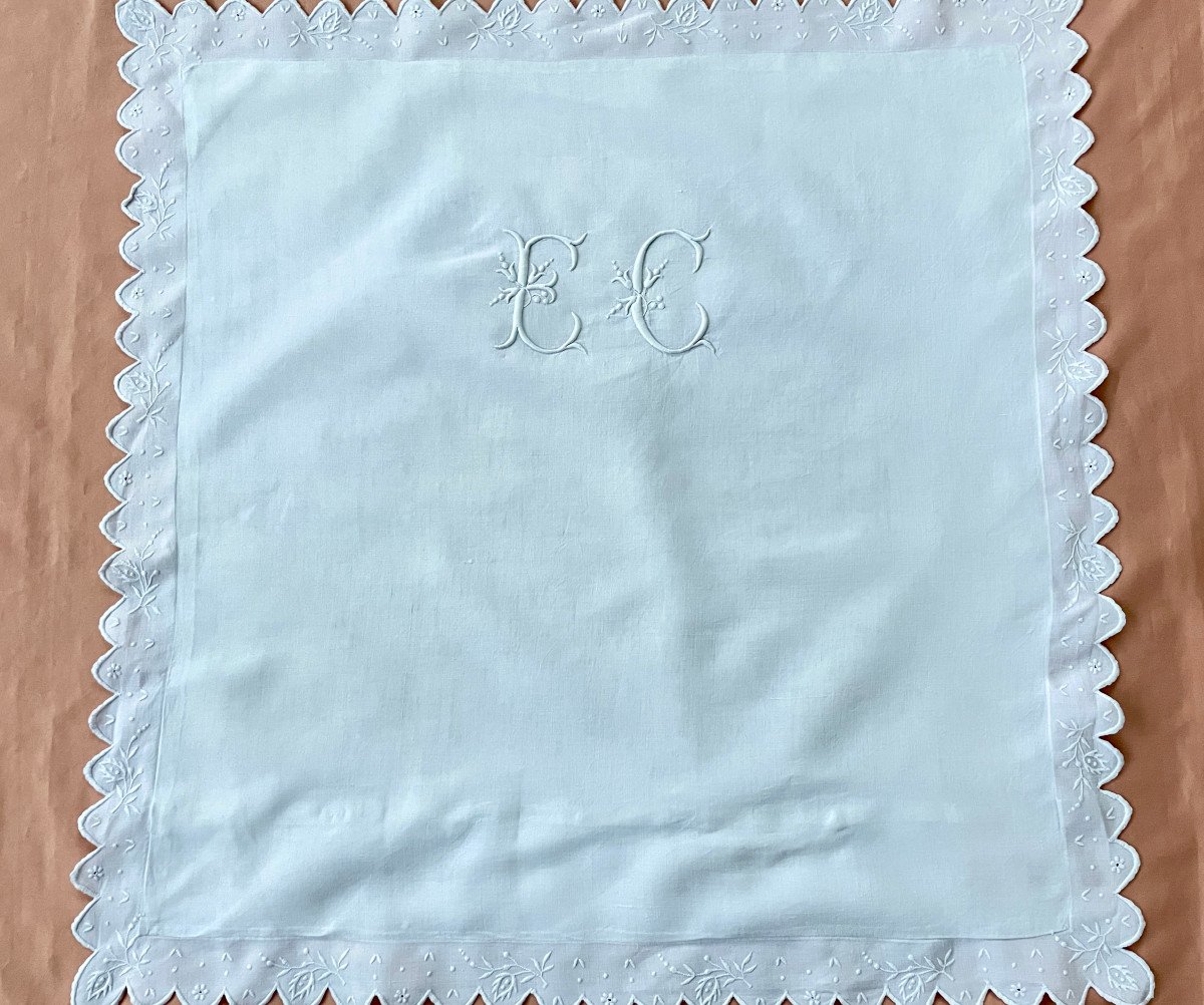 Scalloped Pillowcase, Flowery Branches, Monogram Ec Hand Embroidery On Fine White Linen - Antique Linen-photo-3