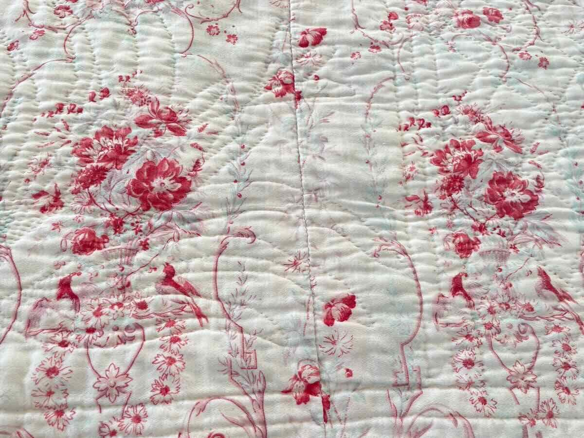 Large Quilted Blanket, Double Sided: Bird, Flower And Stripe Patterns_ Antique Linen-photo-1