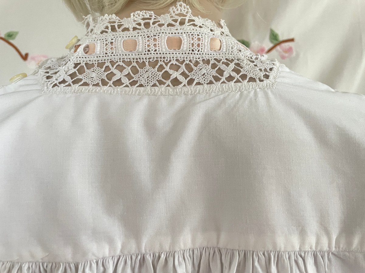 Nightdress With Lace, Embroidery On Fine Percale Canvas, Hand-sewn - Antique Linen-photo-3