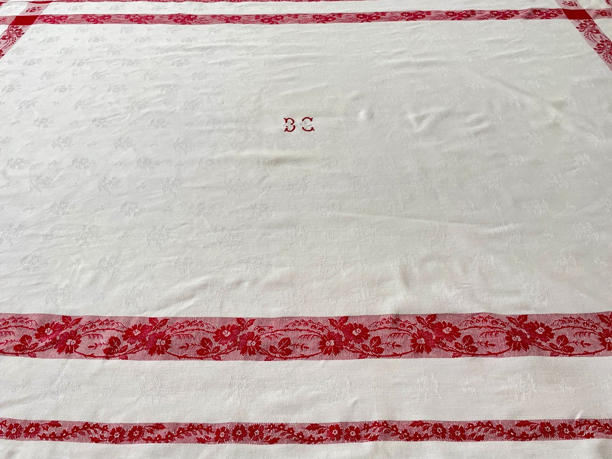 Bc Table Service: Tablecloth And 12 Napkins, Cotton With Red Ribbon Flowers - Antique Linen-photo-2