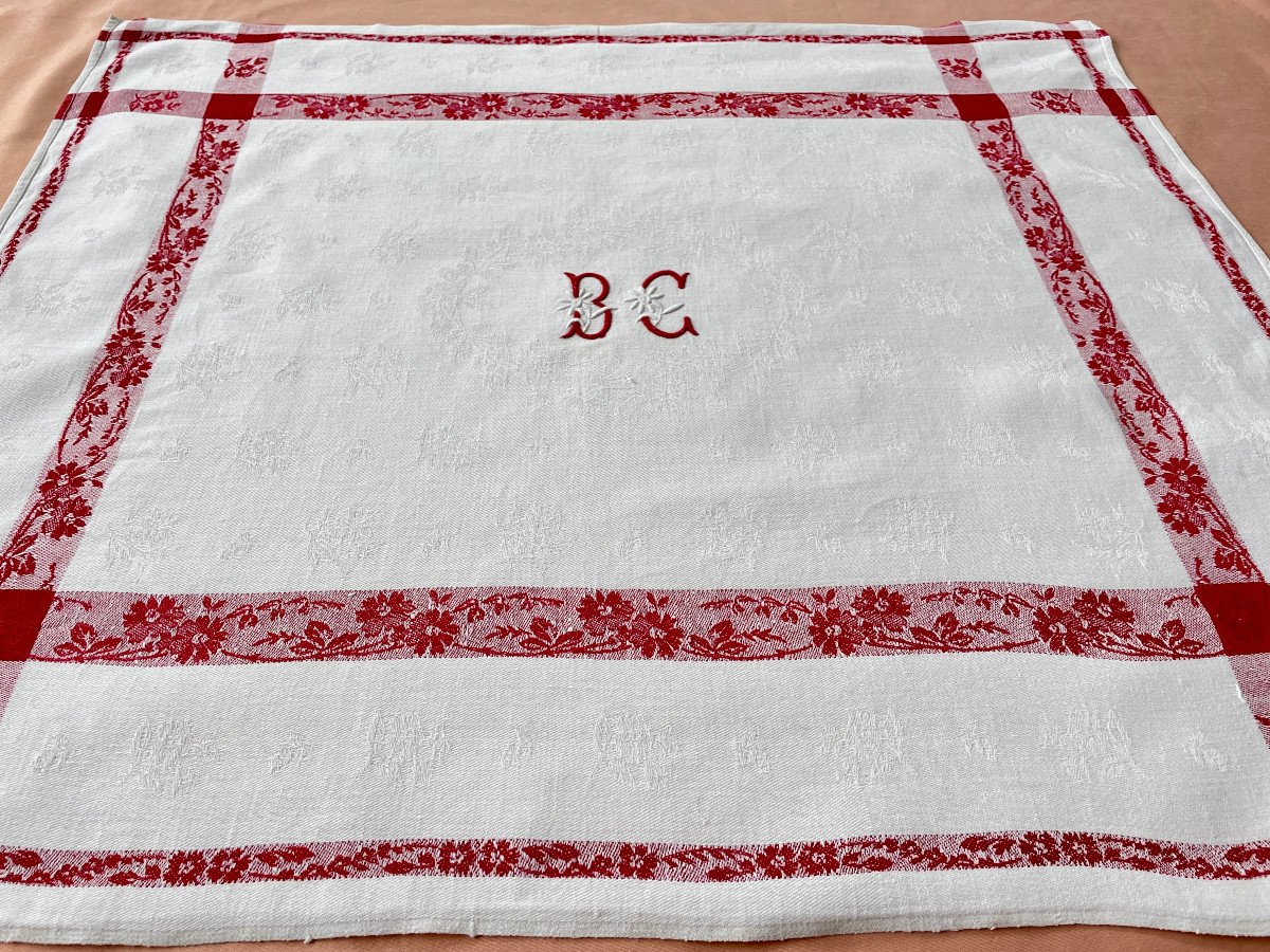 Bc Table Service: Tablecloth And 12 Napkins, Cotton With Red Ribbon Flowers - Antique Linen-photo-3