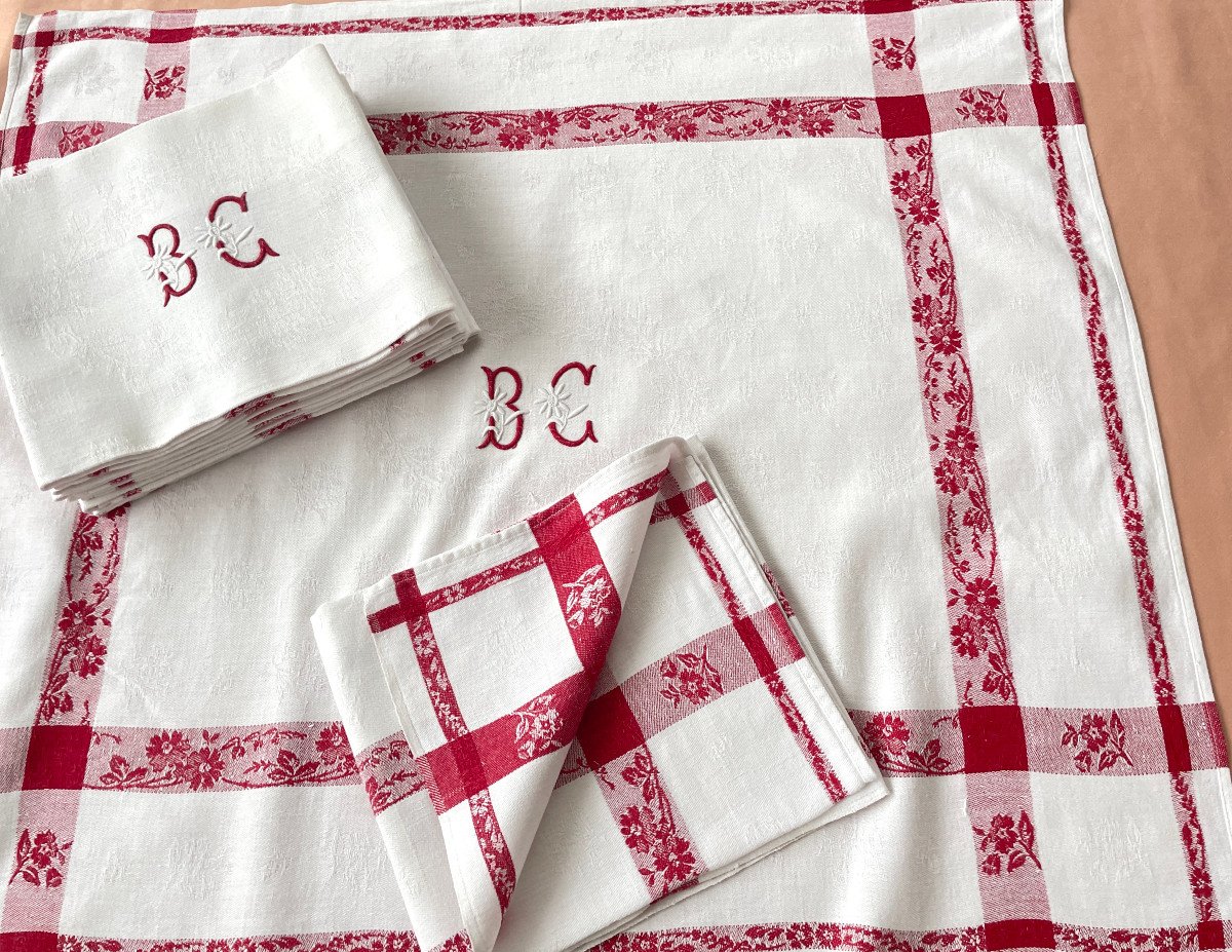 Bc Table Service: Tablecloth And 12 Napkins, Cotton With Red Ribbon Flowers - Antique Linen-photo-1