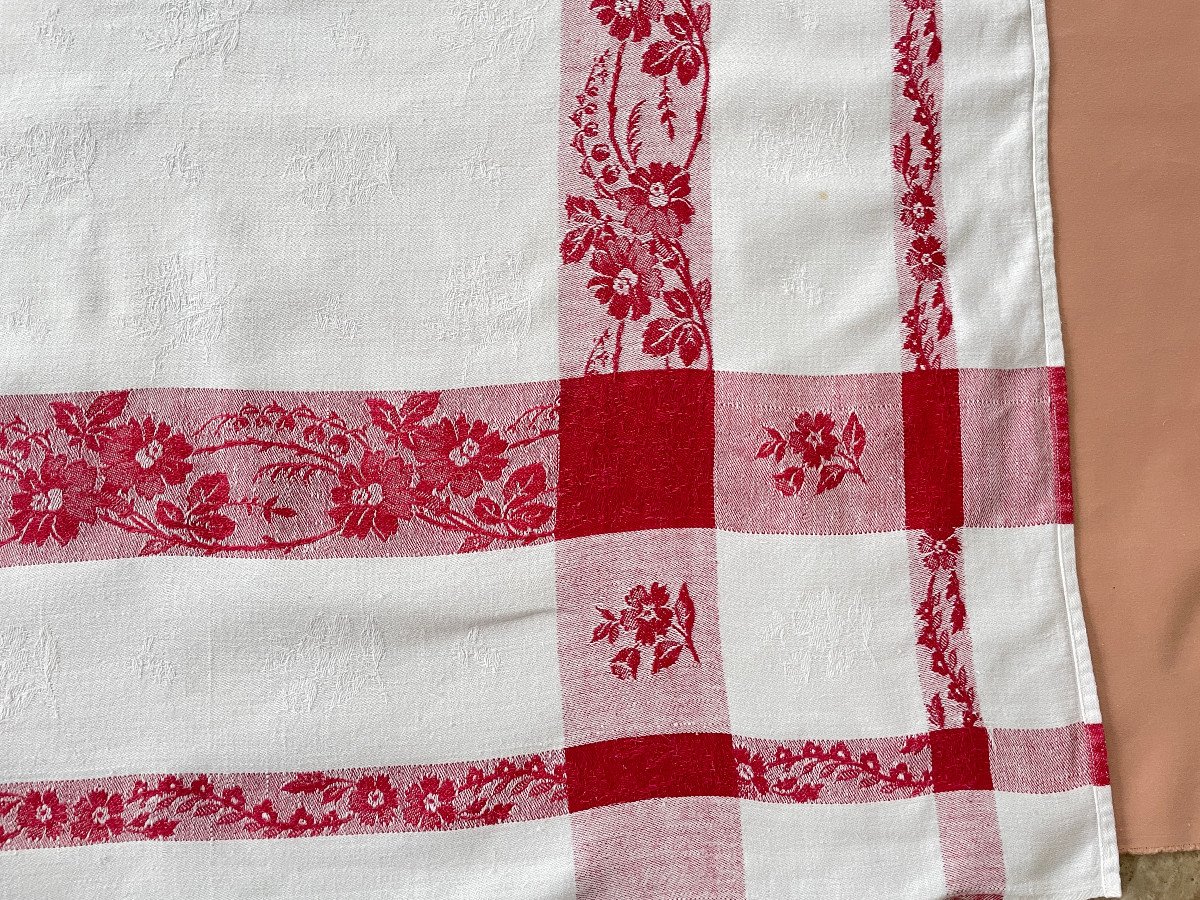 Bc Table Service: Tablecloth And 12 Napkins, Cotton With Red Ribbon Flowers - Antique Linen-photo-3