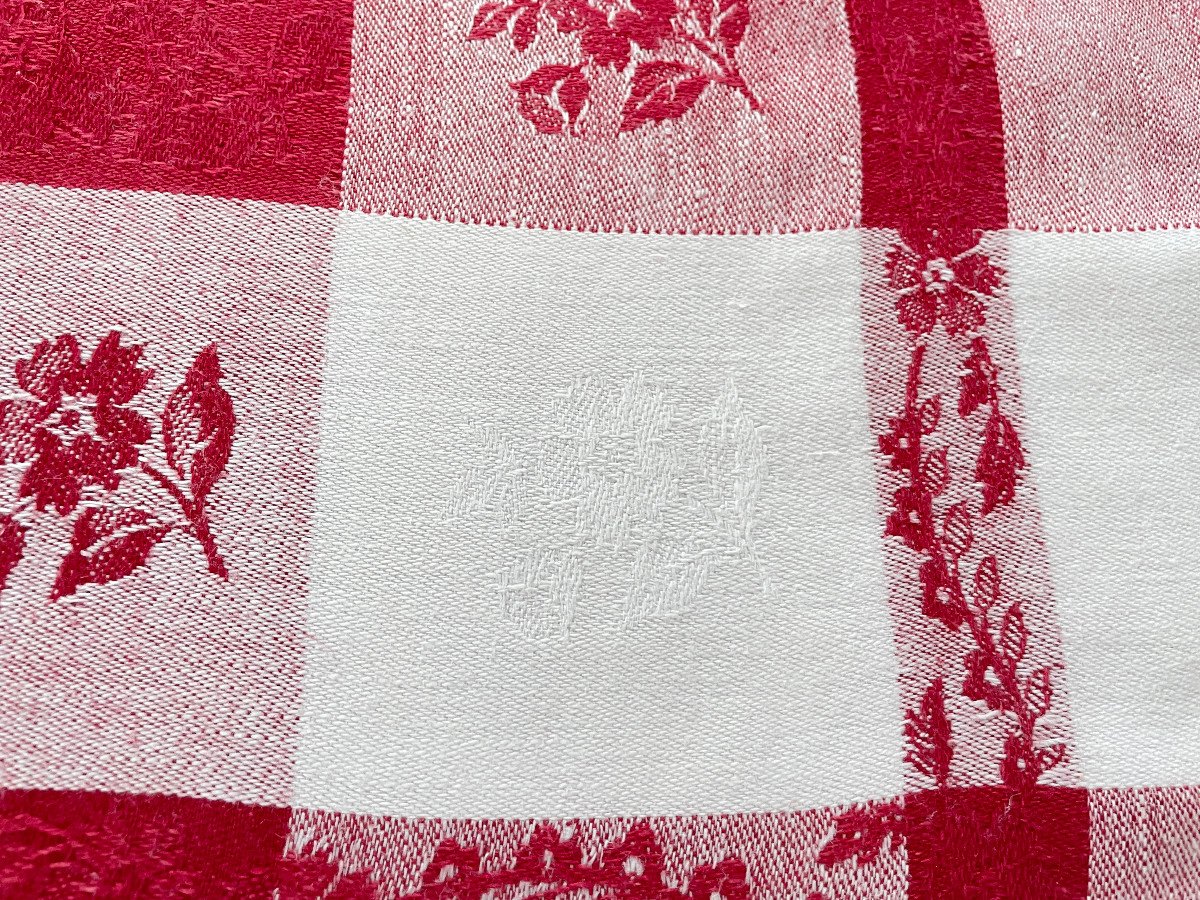 Bc Table Service: Tablecloth And 12 Napkins, Cotton With Red Ribbon Flowers - Antique Linen-photo-5