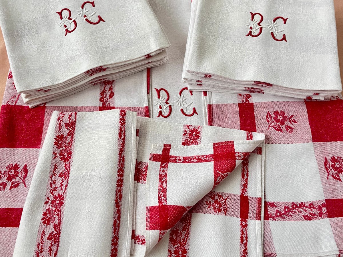 Bc Table Service: Tablecloth And 12 Napkins, Cotton With Red Ribbon Flowers - Antique Linen