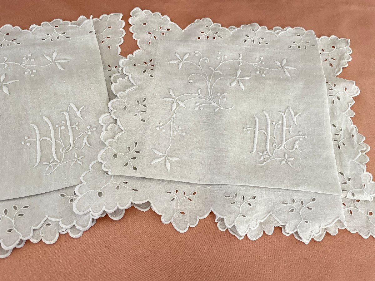 Scalloped Pillowcases: Floral Branch Embroidery, He Monogram On Linen Canvas - Antique Linen