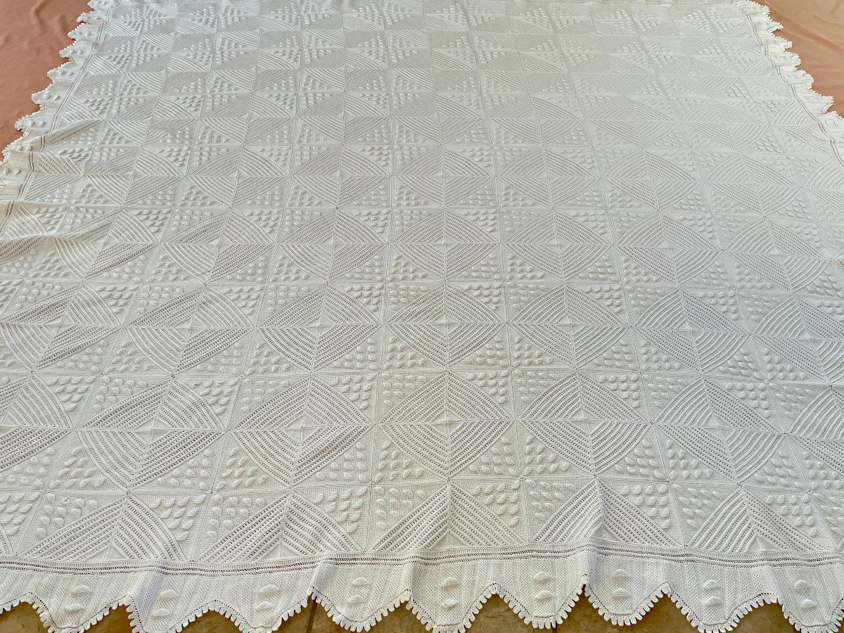 Couverture Ou Dessus De Lit Aux Aiguilles En Fin Coton Blanc Avec Beaux Motifs - Linge Ancien-photo-3