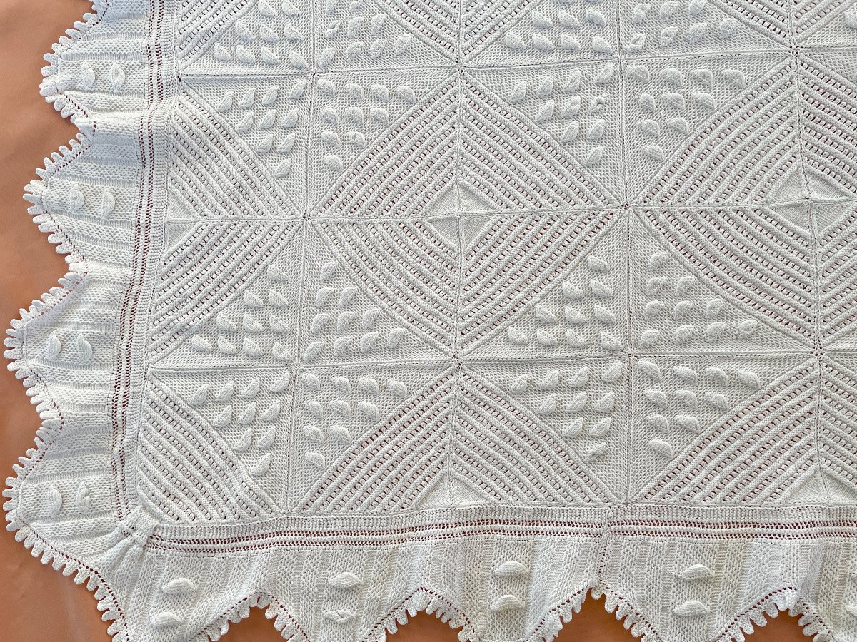 Couverture Ou Dessus De Lit Aux Aiguilles En Fin Coton Blanc Avec Beaux Motifs - Linge Ancien-photo-4