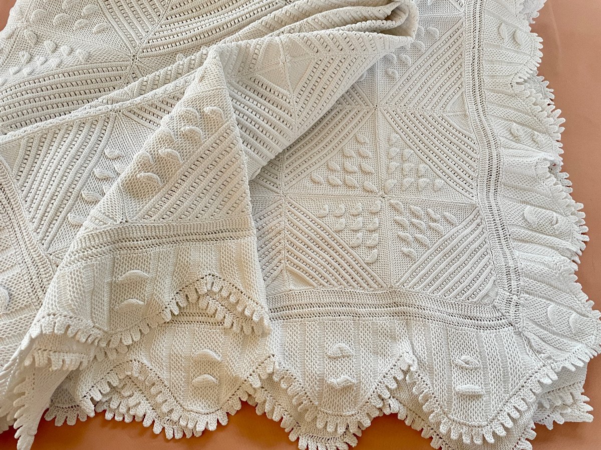 Couverture Ou Dessus De Lit Aux Aiguilles En Fin Coton Blanc Avec Beaux Motifs - Linge Ancien-photo-4