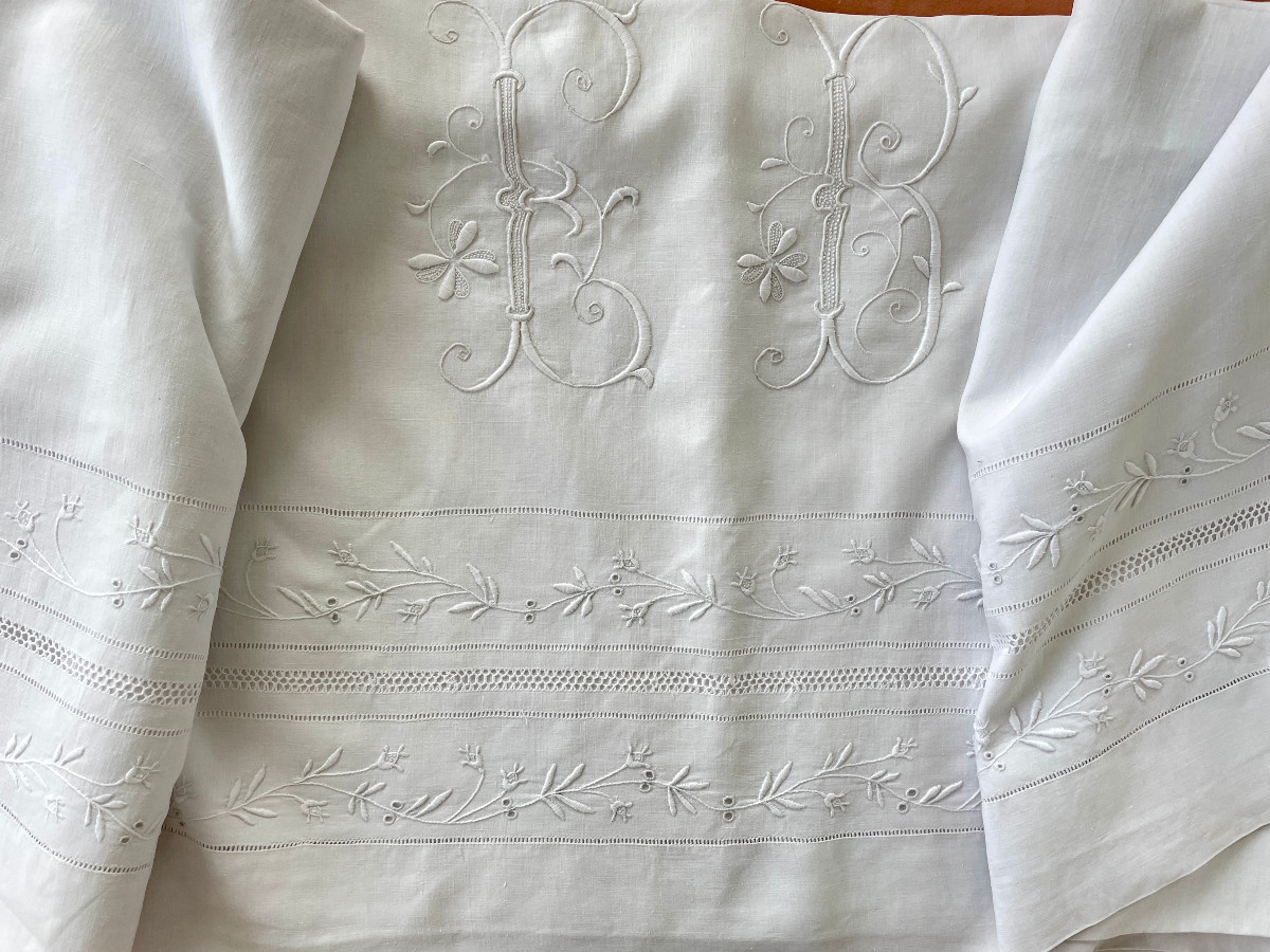 Eb Sheet Hand Embroidery On Linen Thread, Fine Garlands And Openwork - Antique Linen-photo-1