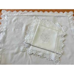 Pair Of Scalloped Linen Thread Pillowcases With Ah Monogram And Embroidery