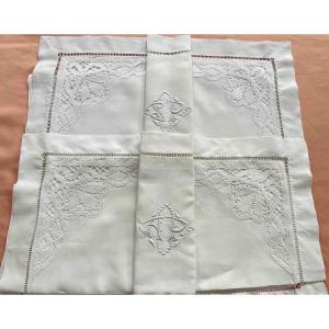 Pair Of Ap Pillowcases With Flap, Hand Embroidery, Linen Canvas With Bobbin Lace - Antique Linen