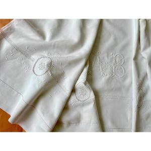 Sheet With Beautiful Hand Embroidery And Mb Monogram On Old Linen Thread Canvas