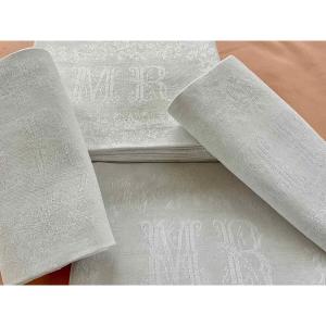 Set Of 12 White Linen Damask Napkins, Woven Patterns And Monograms