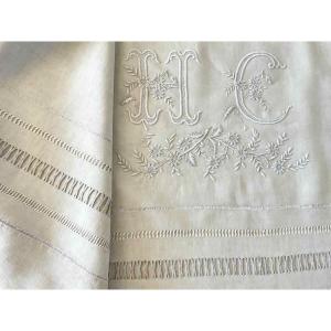 Large Fine Linen Sheet With Beautiful Hand Embroidery For The Hc Monogram. Antique Linen