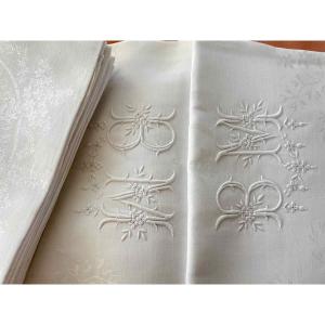 Damask Table Service In Linen Thread With Mb Monogram, Hand Embroidery. Antique Linen