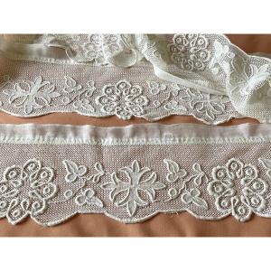 Beautiful Hand Embroidered Headband On Fine Lace With Fleur De Lys Cross And Decorative Motifs