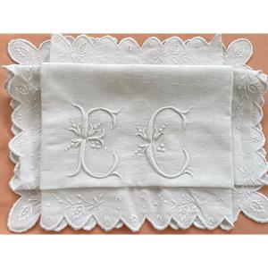 Scalloped Pillowcase, Flowery Branches, Monogram Ec Hand Embroidery On Fine White Linen - Antique Linen