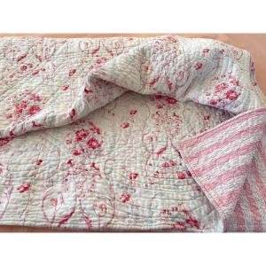 Large Quilted Blanket, Double Sided: Bird, Flower And Stripe Patterns_ Antique Linen