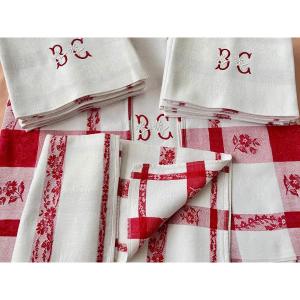 Service De Table BC: Nappe Et 12 Serviettes, Coton Avec Fleurs Liteaux Rouge- Linge Ancien