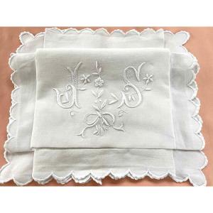 Hand Embroidered Scalloped Pillowcase, Imposing Js Monogram, Fine Linen - Antique Linen