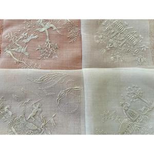 Lady's Work With Scenes: Handkerchief Ac Or Other, Hand Embroidered On Linen - Old Linen