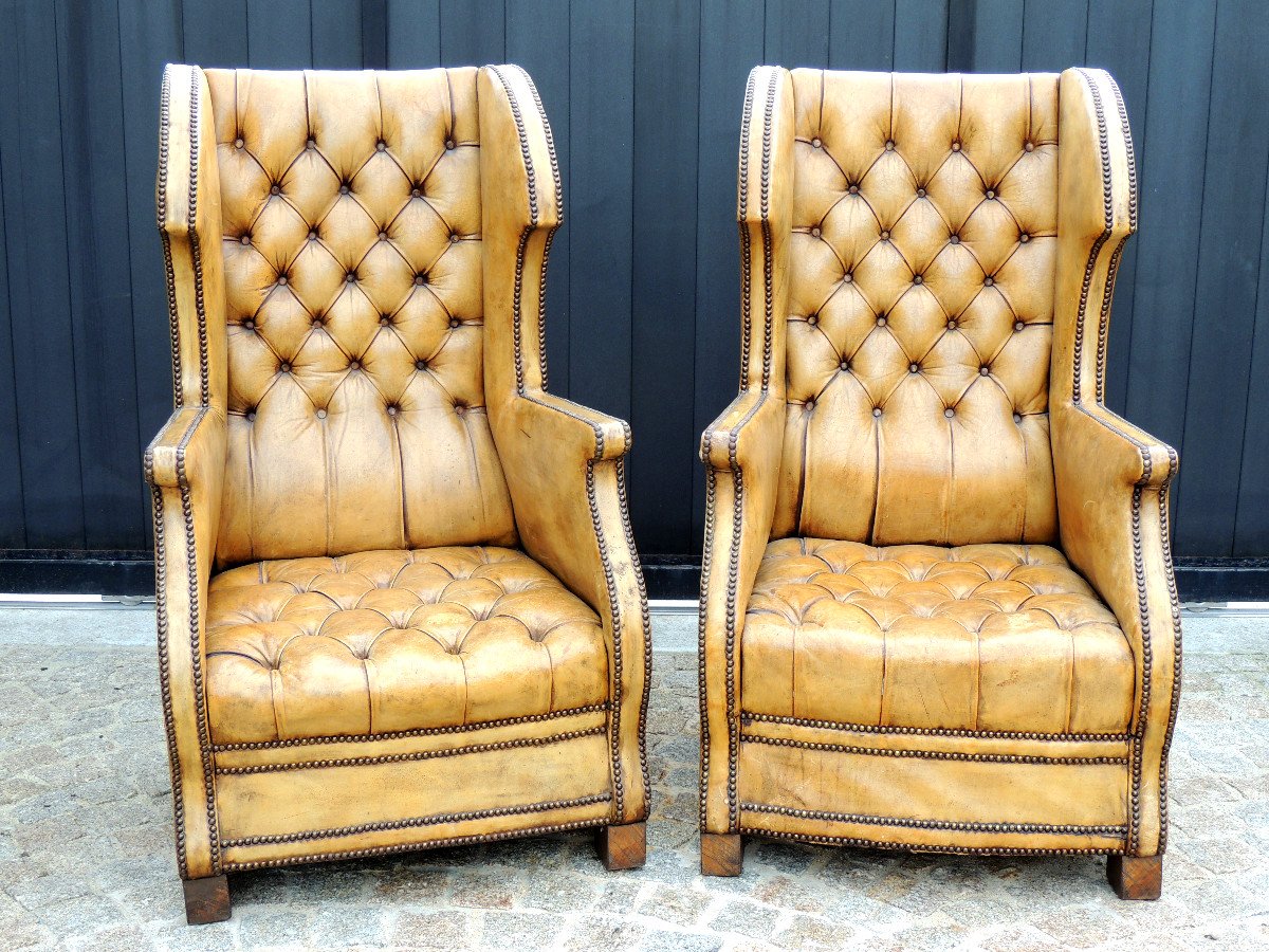 Chesterfield, Pair Of Leather Armchairs With Wings From The 50s - 60s, 20th Century-photo-2