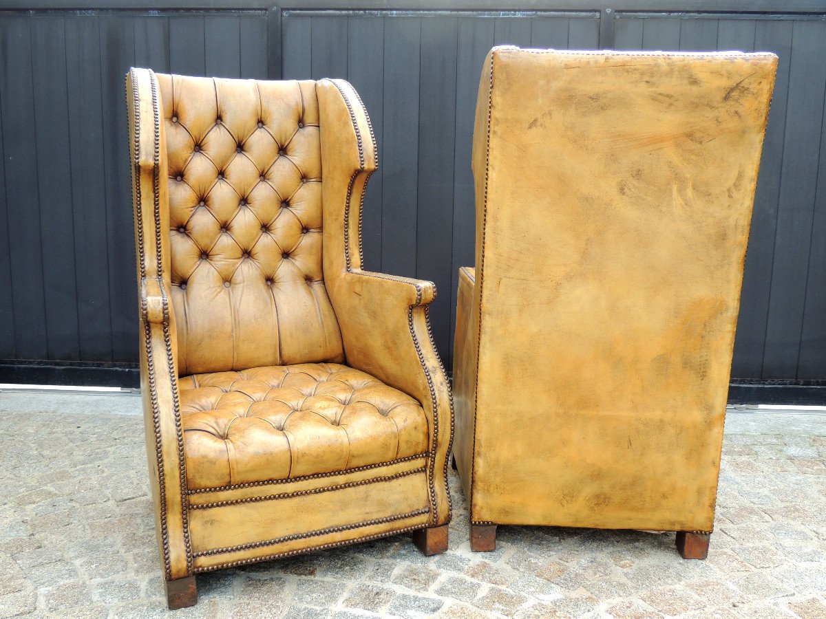 Chesterfield, Pair Of Leather Armchairs With Wings From The 50s - 60s, 20th Century-photo-4