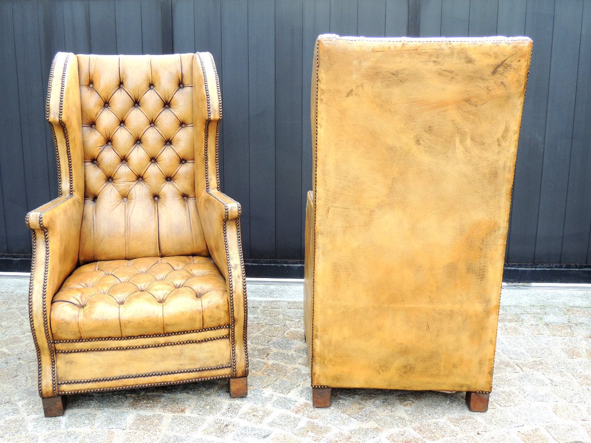 Chesterfield, Pair Of Leather Armchairs With Wings From The 50s - 60s, 20th Century-photo-1