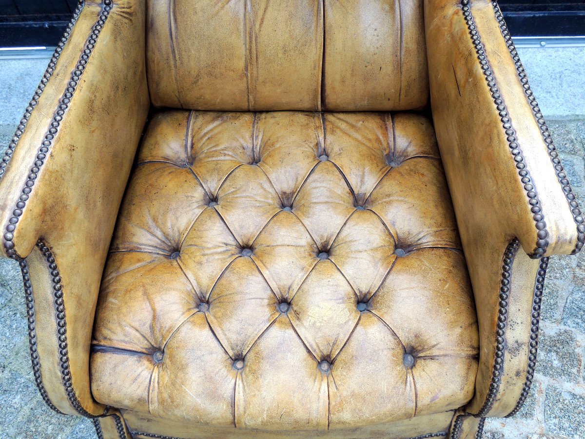 Chesterfield, Pair Of Leather Armchairs With Wings From The 50s - 60s, 20th Century-photo-3