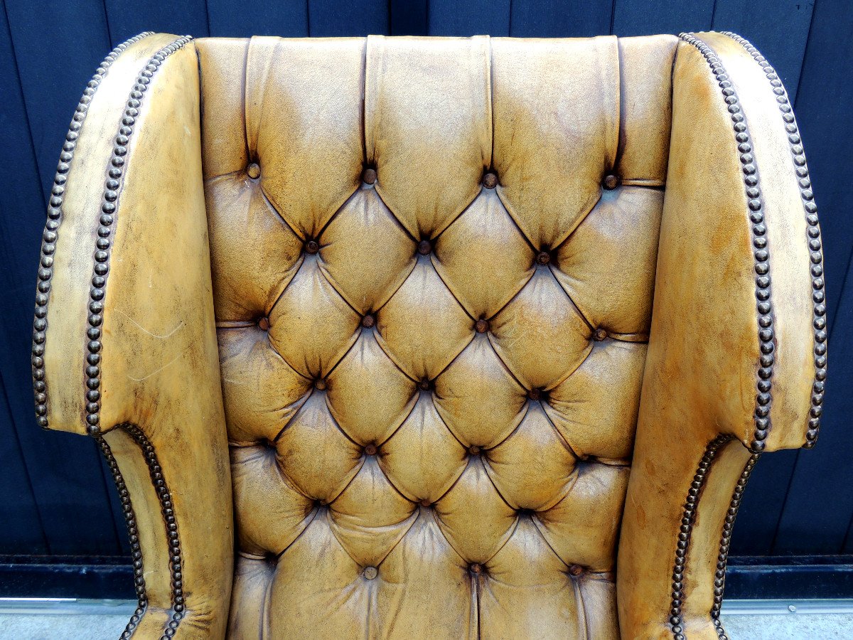 Chesterfield, Pair Of Leather Armchairs With Wings From The 50s - 60s, 20th Century-photo-4