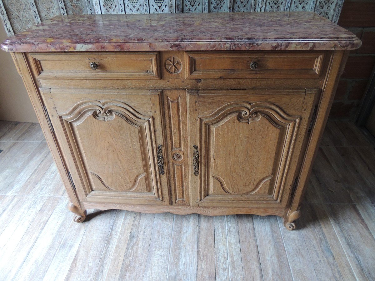 Low Louis XV Buffet In Blond Oak, With Its Red Marble, 18th Century-photo-2