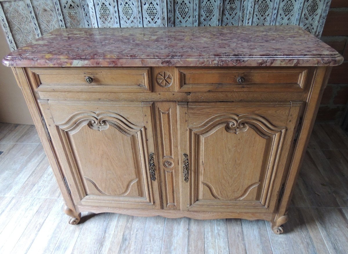Low Louis XV Buffet In Blond Oak, With Its Red Marble, 18th Century-photo-3