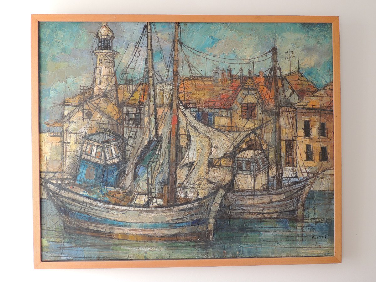 huile sur toile , tableau signé B. Stern " bateaux au port" , grand format 94 x 76 cm du 20 ème-photo-2