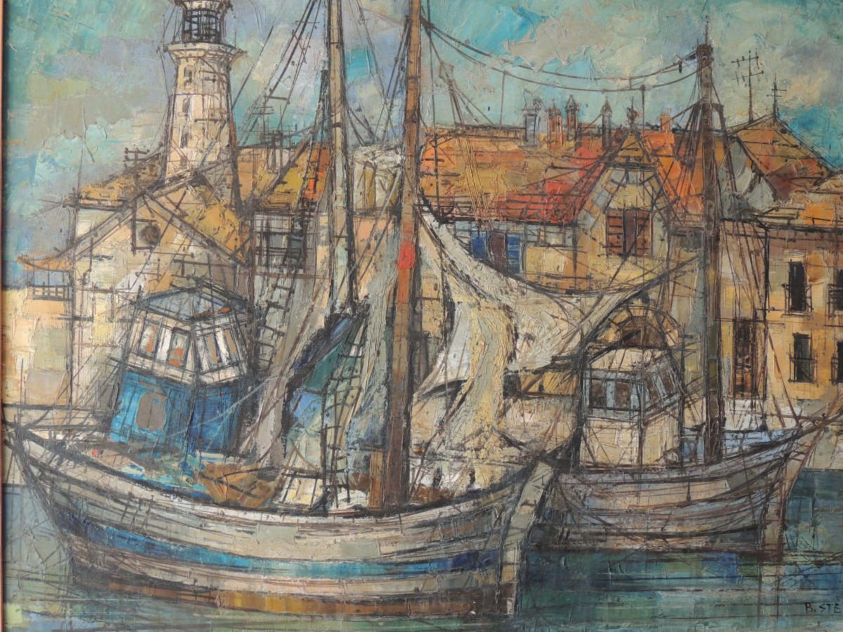 huile sur toile , tableau signé B. Stern " bateaux au port" , grand format 94 x 76 cm du 20 ème-photo-3