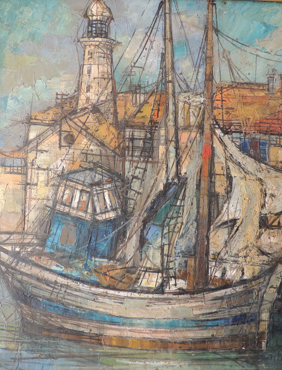 huile sur toile , tableau signé B. Stern " bateaux au port" , grand format 94 x 76 cm du 20 ème-photo-4