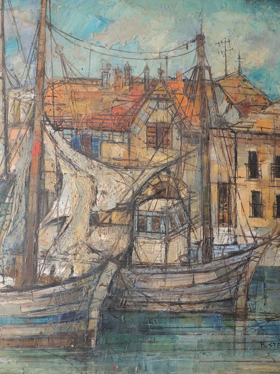 huile sur toile , tableau signé B. Stern " bateaux au port" , grand format 94 x 76 cm du 20 ème-photo-1