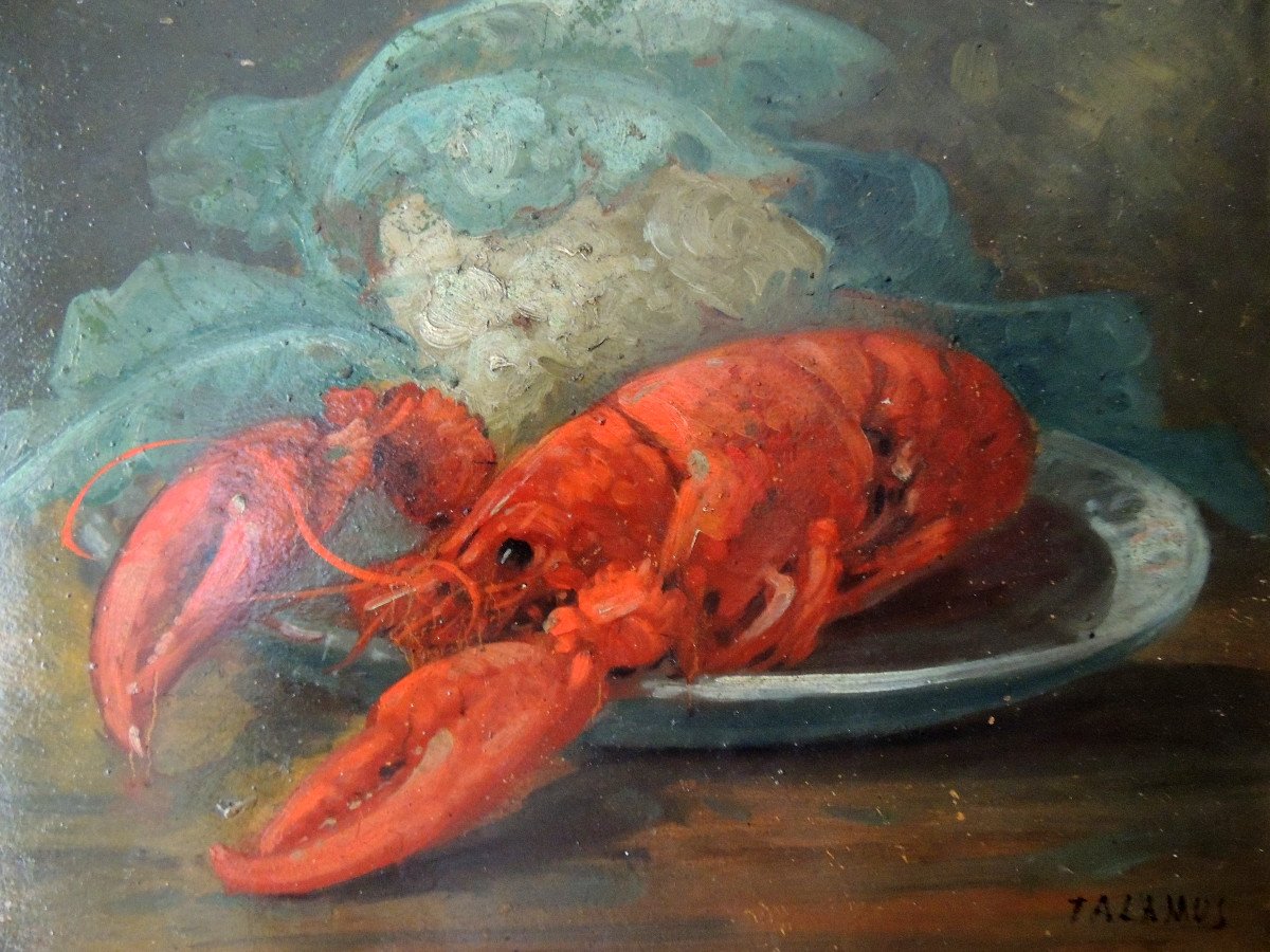 Still Life, Lobster And Cauliflower, Oil On Cardboard Signed Talamus, 20th-photo-3