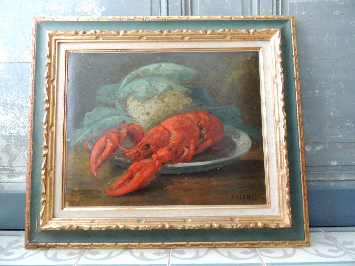 Still Life, Lobster And Cauliflower, Oil On Cardboard Signed Talamus, 20th