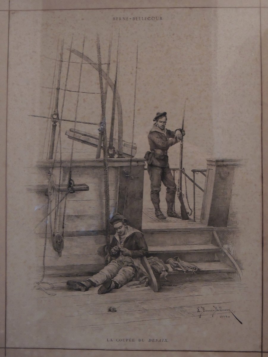 Original Engraving By E. Berne Bellecourt 1838 - 1910, Sailors On Board The Desaix 1884-photo-2