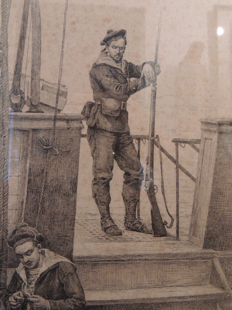 Original Engraving By E. Berne Bellecourt 1838 - 1910, Sailors On Board The Desaix 1884-photo-4