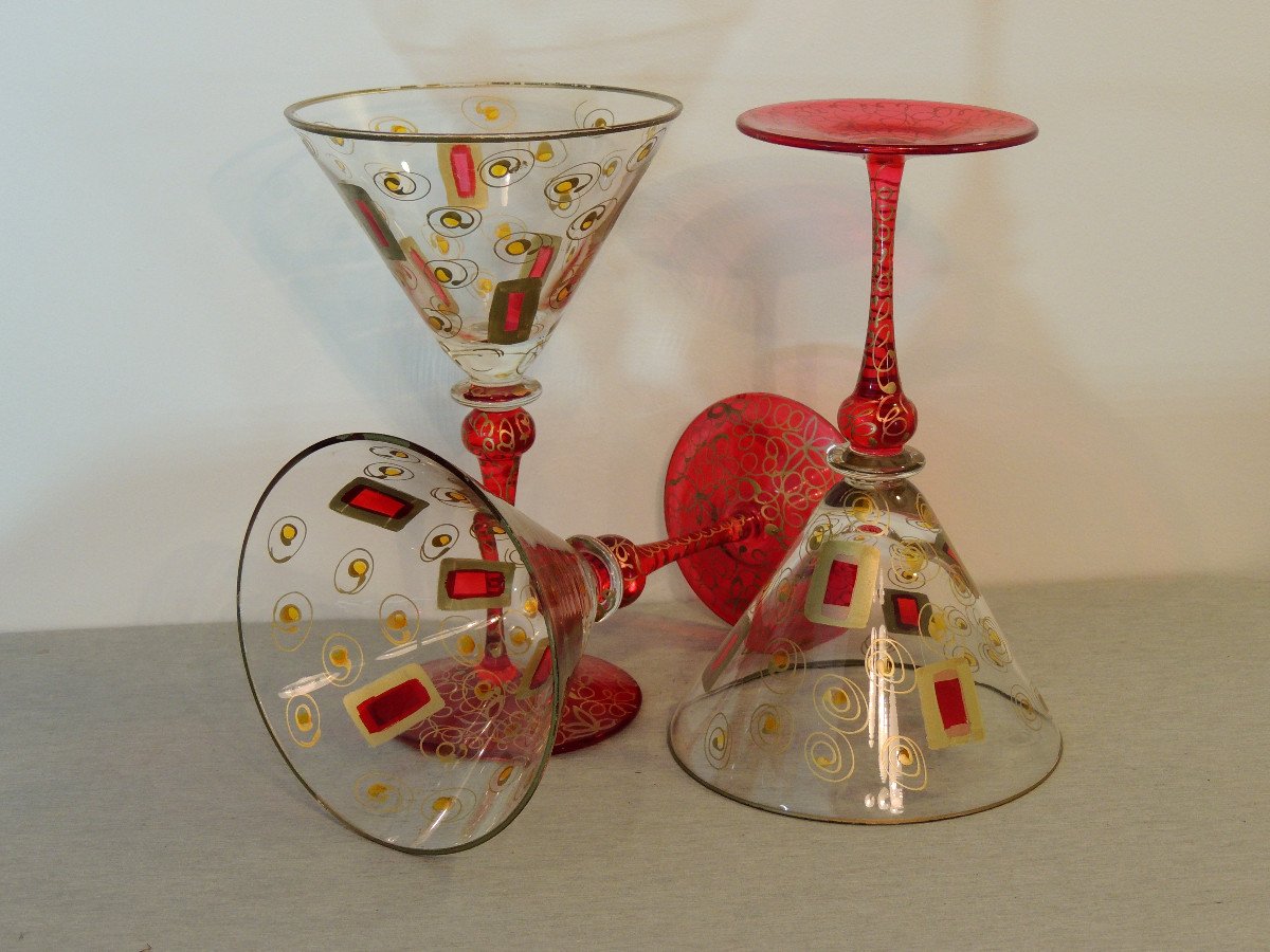 Verres Soufflés , 3 Verres De Murano , Verrerie Italie à Venise , 20 ème Siècle -photo-4