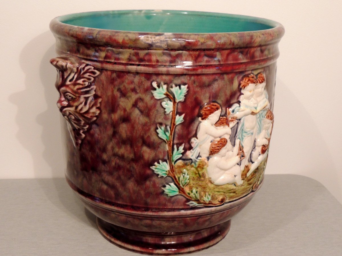 Cache Pot En Barbotine , Jardinière En Faience , Scène De Cinq Enfants Musiciens , Fin 19 ème -photo-3