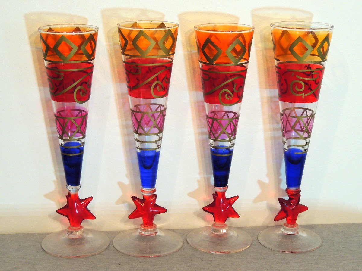 Murano, Flutes, 4 Colored Champagne Glasses With Gold Fillets, 80s Blown Glass-photo-4