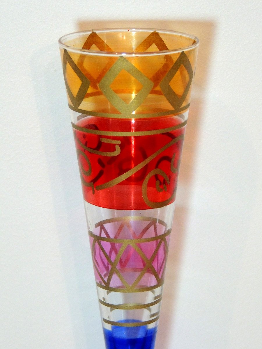 Murano, Flutes, 4 Colored Champagne Glasses With Gold Fillets, 80s Blown Glass-photo-3
