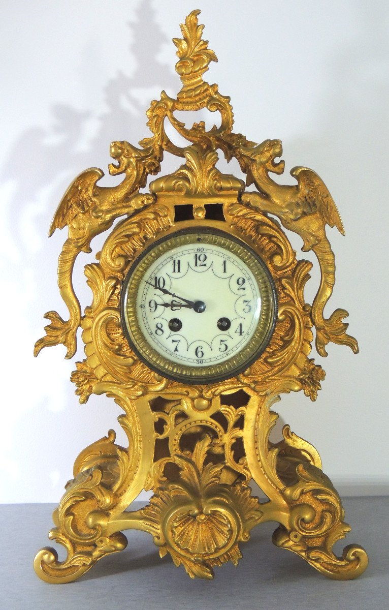 Mantel Clock In Gilt Bronze, Trim, Pendulum, Cartel Louis XV Rocaille Style 19th-photo-2